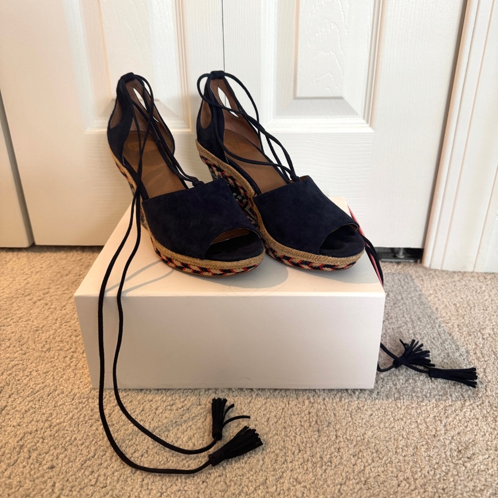 Cabi Blue and Red Wedge Heels with Laces